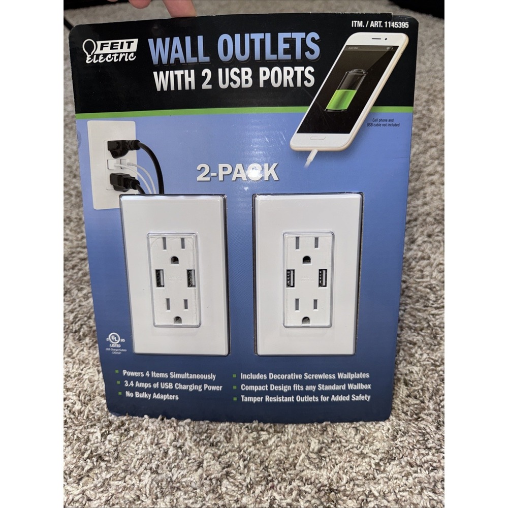 Feit Electric 2-Pack Wall Outlet 120V 15A USB Ports Tamper Resistant 1145395